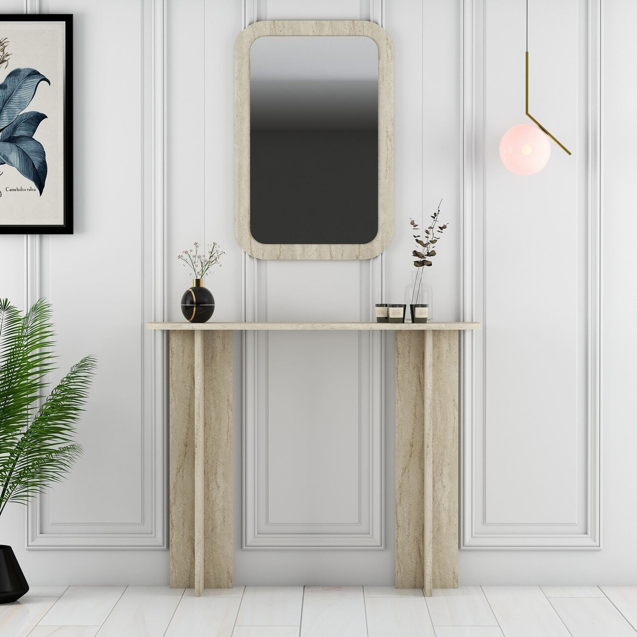 Masa de machiaj, Hanah Home, Modena Mirror, 105x85x30 cm, PAL, Travertin - imagine 7